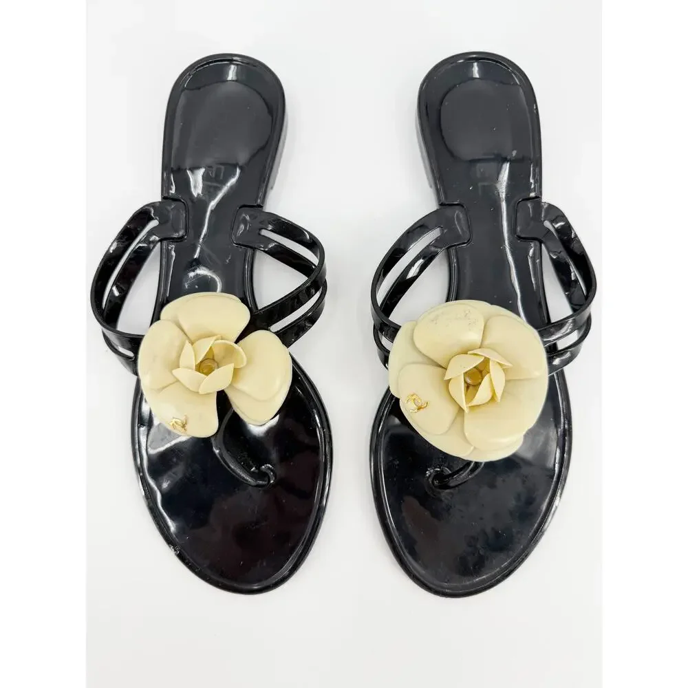 Chanel Camellia Jelly Thong Sandals Black Ivory Rubber CC Logo Flat Shoes 38